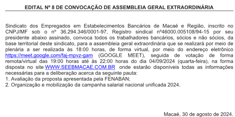 EDITAL Nº 8 DE CONVOCAÇÃO DE ASSEMBLEIA GERAL EXTRAORDINÁRIA