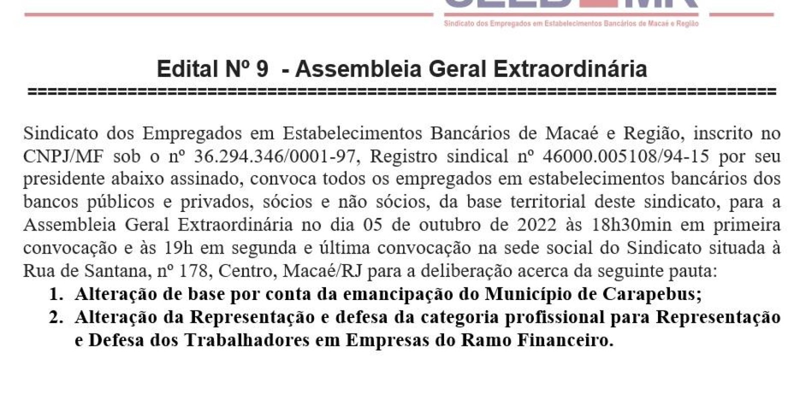 Edital Nº 9  - Assembleia Geral Extraordinária